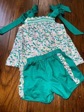 Girls' Floral Green Tie-Shoulder Pajama Set
